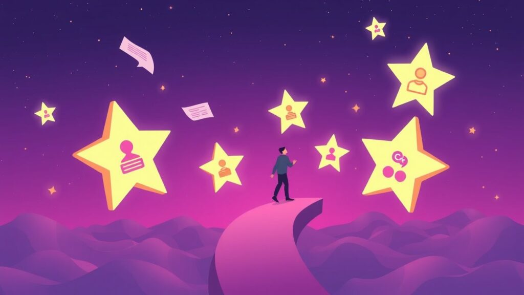 Ilustrasi surrealis perjalanan freelancer digital dengan simbol platform kerja remote