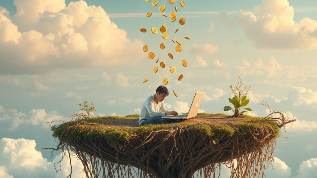 Gambar surrealis seseorang bekerja online dari rumah, dikelilingi uang digital dan laptop, langit awan