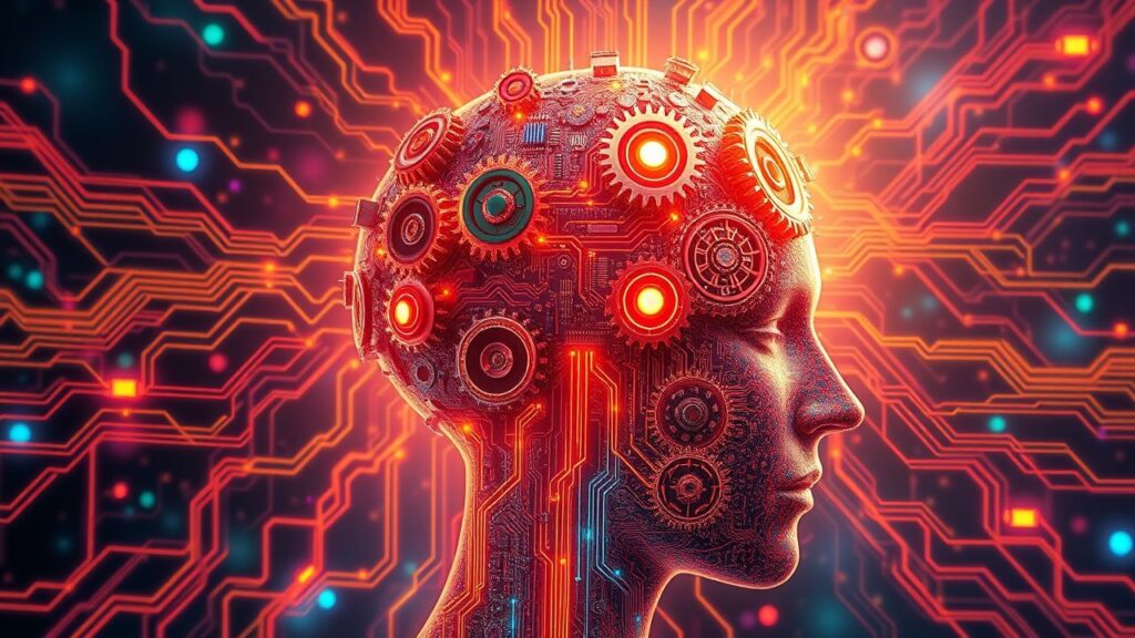 Gambar konsep pola pikir bisnis online dengan elemen otak, cahaya, dan jaringan digital