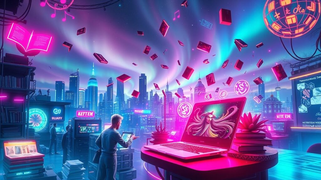 Ilustrasi surrealis produk digital seperti eBook, musik, dan desain grafis dalam pasar digital