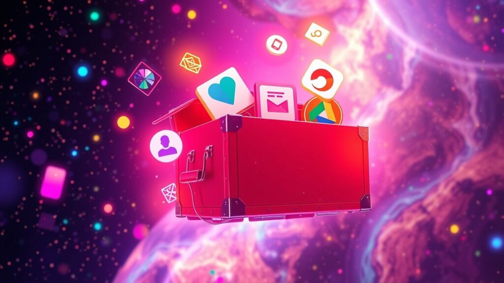 Toolbox digital dengan ikon Canva, Trello, Google Drive, dan Mailchimp bergaya surrealis